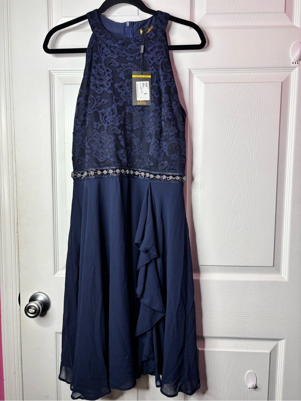 Miusol Navy Lace Halter Dress with Beaded Waist